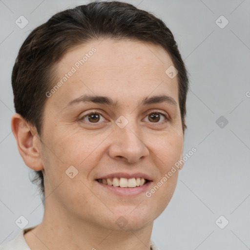 Joyful white young-adult female with short  brown hair and brown eyes