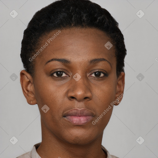 Neutral black young-adult female with short  brown hair and brown eyes