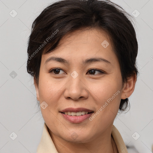 Joyful white adult female with medium  brown hair and brown eyes