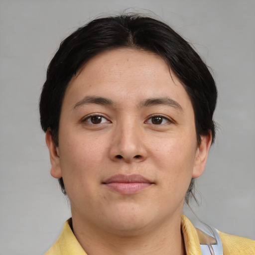 Neutral asian young-adult female with medium  brown hair and brown eyes
