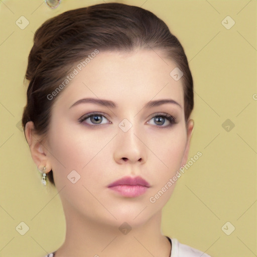 Neutral white young-adult female with short  brown hair and brown eyes