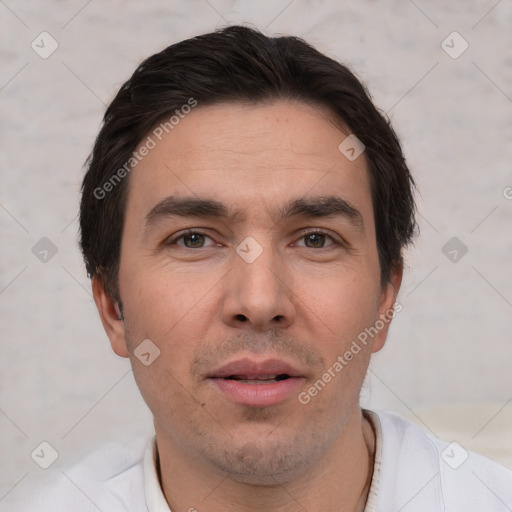 Neutral white adult male with short  brown hair and brown eyes