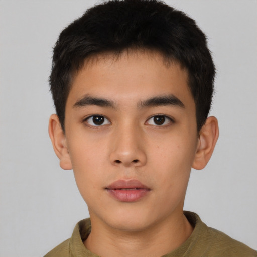 Neutral asian young-adult male with short  brown hair and brown eyes