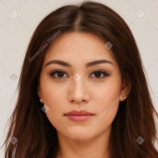 Neutral white young-adult female with long  brown hair and brown eyes