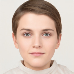 Neutral white young-adult female with short  brown hair and brown eyes