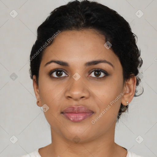 Joyful latino young-adult female with short  black hair and brown eyes