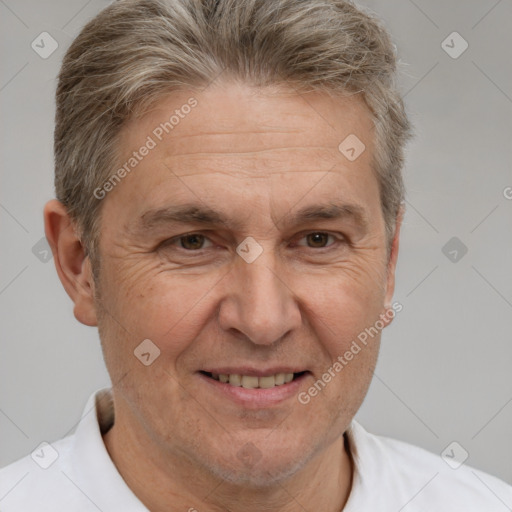 Joyful white middle-aged male with short  brown hair and brown eyes