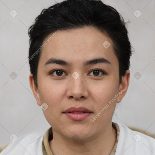 Joyful white young-adult female with short  black hair and brown eyes