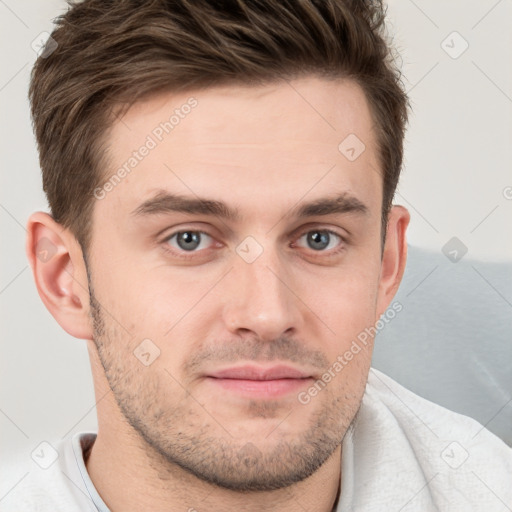 Neutral white young-adult male with short  brown hair and grey eyes