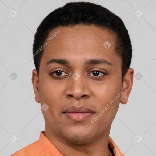 Neutral latino young-adult male with short  black hair and brown eyes
