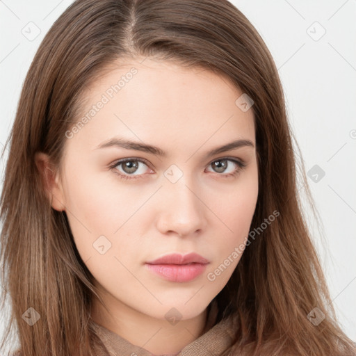 Neutral white young-adult female with long  brown hair and brown eyes