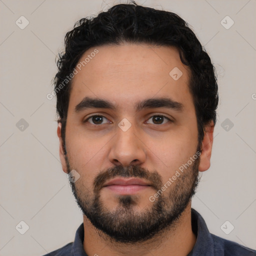 Neutral latino young-adult male with short  black hair and brown eyes