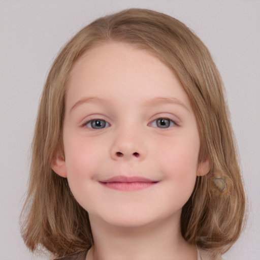 Joyful white child female with medium  brown hair and grey eyes