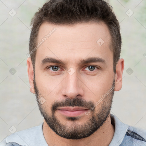 Neutral white young-adult male with short  brown hair and brown eyes