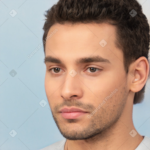 Neutral white young-adult male with short  brown hair and brown eyes