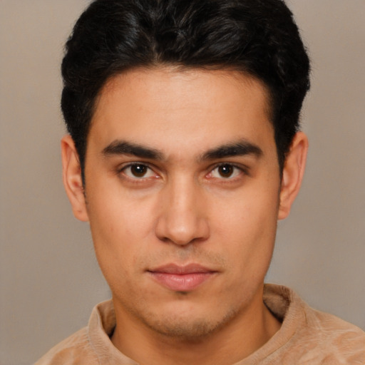 Neutral latino young-adult male with short  brown hair and brown eyes