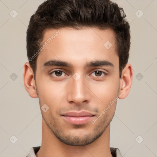 Neutral white young-adult male with short  brown hair and brown eyes