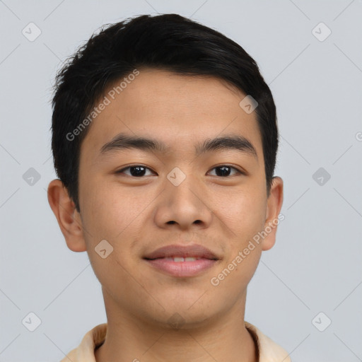 Joyful asian young-adult male with short  black hair and brown eyes