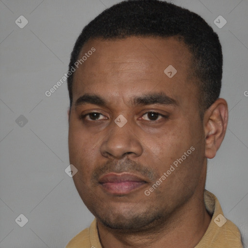 Neutral latino young-adult male with short  black hair and brown eyes