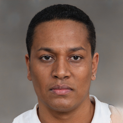 Neutral latino adult male with short  black hair and brown eyes