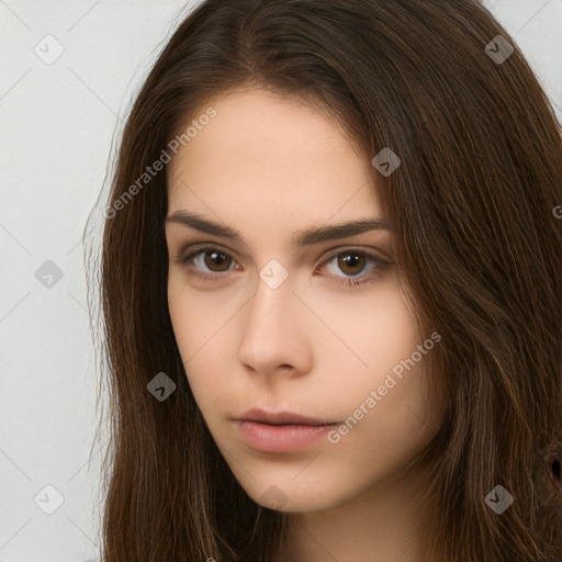 Neutral white young-adult female with long  brown hair and brown eyes