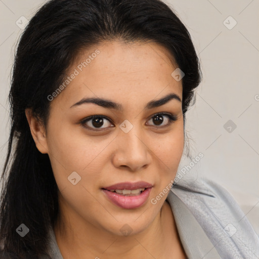 Joyful latino young-adult female with long  brown hair and brown eyes