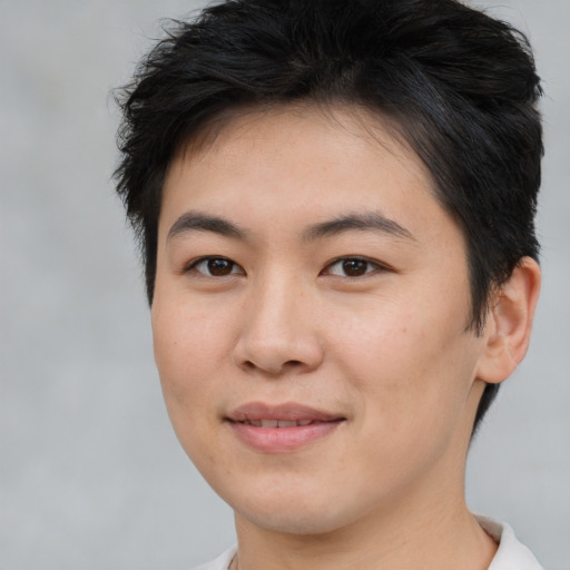 Joyful asian young-adult female with short  brown hair and brown eyes