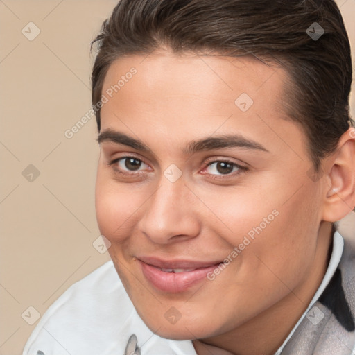 Joyful white young-adult female with short  brown hair and brown eyes