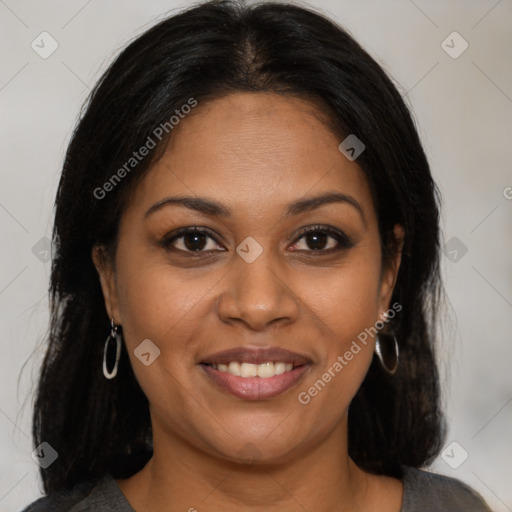 Joyful black young-adult female with medium  brown hair and brown eyes