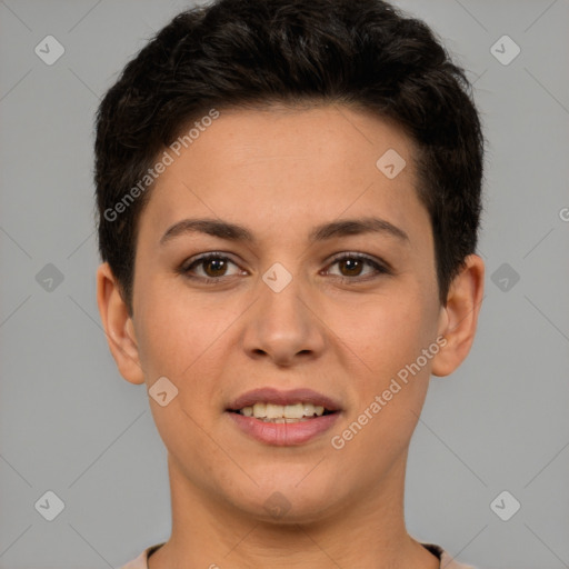 Joyful white young-adult female with short  brown hair and brown eyes