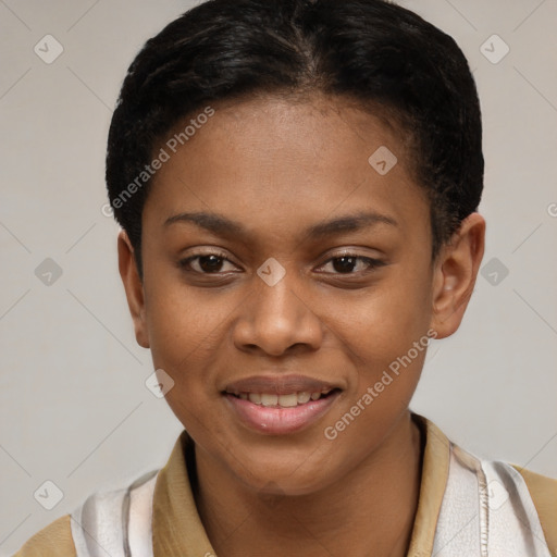 Joyful latino young-adult female with short  brown hair and brown eyes