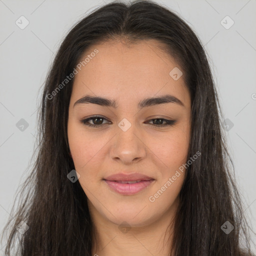 Joyful asian young-adult female with long  brown hair and brown eyes