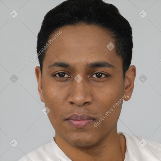 Neutral latino young-adult male with short  black hair and brown eyes