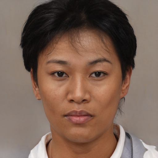Neutral asian adult female with short  brown hair and brown eyes
