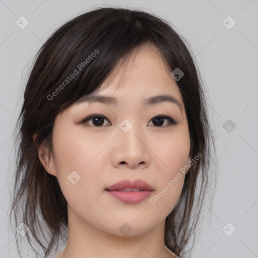 Neutral asian young-adult female with medium  brown hair and brown eyes