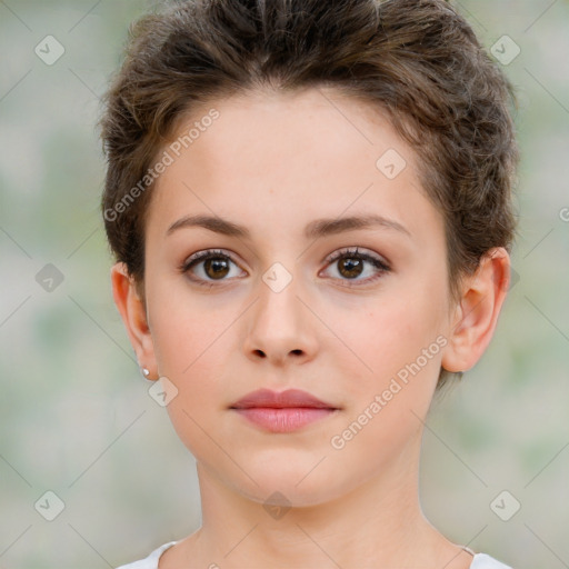 Neutral white young-adult female with short  brown hair and brown eyes