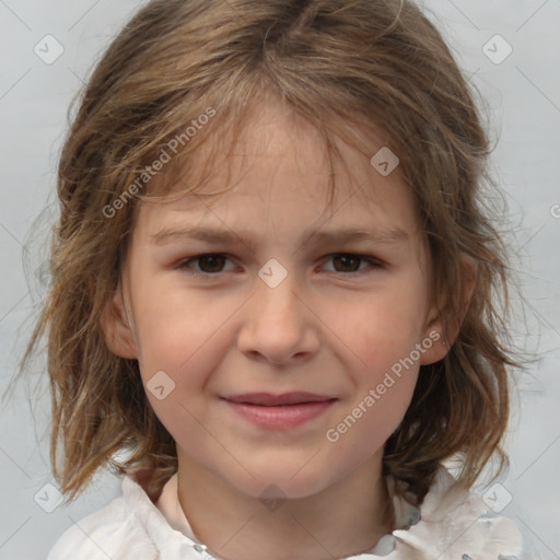 Joyful white child female with medium  brown hair and brown eyes