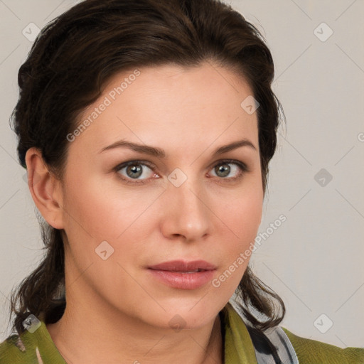 Neutral white young-adult female with medium  brown hair and brown eyes