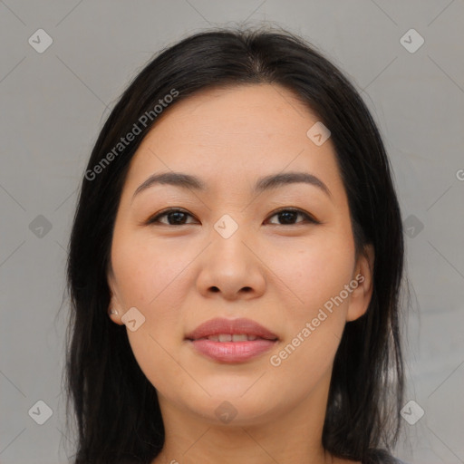 Joyful asian young-adult female with medium  black hair and brown eyes