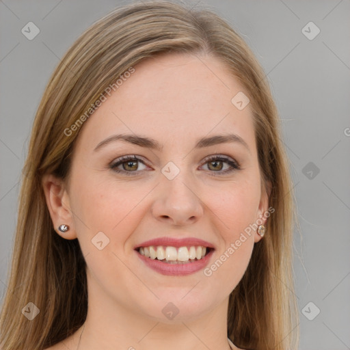 Joyful white young-adult female with long  brown hair and grey eyes