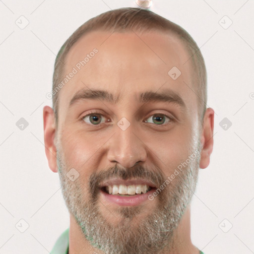 Joyful white adult male with short  brown hair and grey eyes