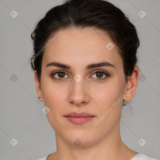 Neutral white young-adult female with medium  brown hair and brown eyes