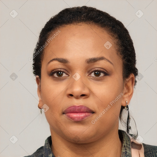 Neutral latino young-adult female with short  black hair and brown eyes