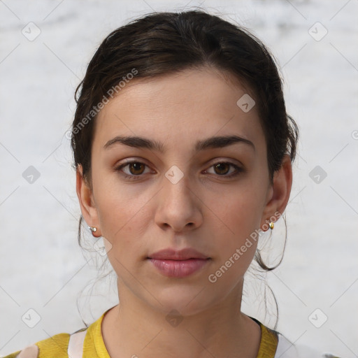 Neutral white young-adult female with medium  brown hair and brown eyes