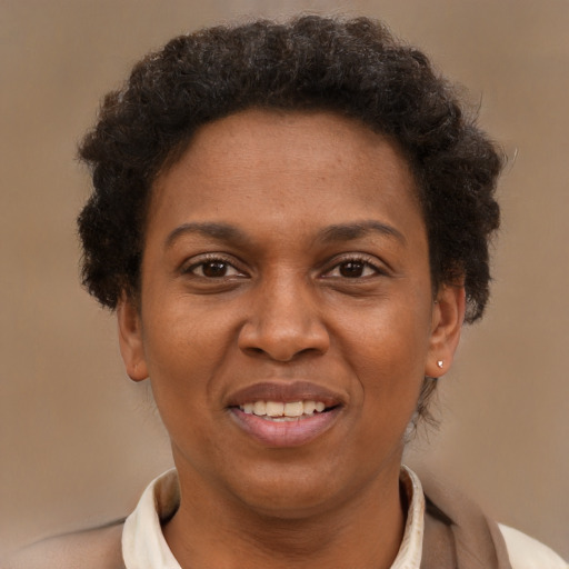 Joyful black adult female with short  brown hair and brown eyes