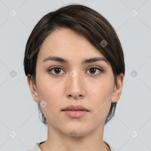 Neutral white young-adult female with medium  brown hair and brown eyes