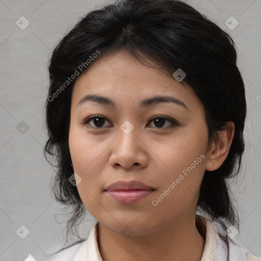 Joyful asian young-adult female with medium  black hair and brown eyes