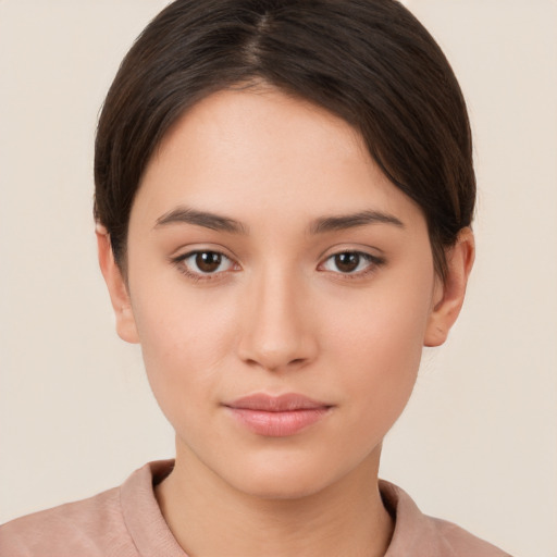 Neutral white young-adult female with short  brown hair and brown eyes