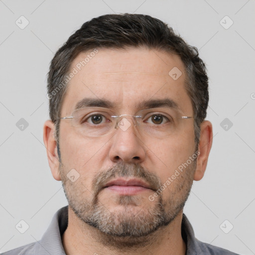 Neutral white adult male with short  brown hair and brown eyes