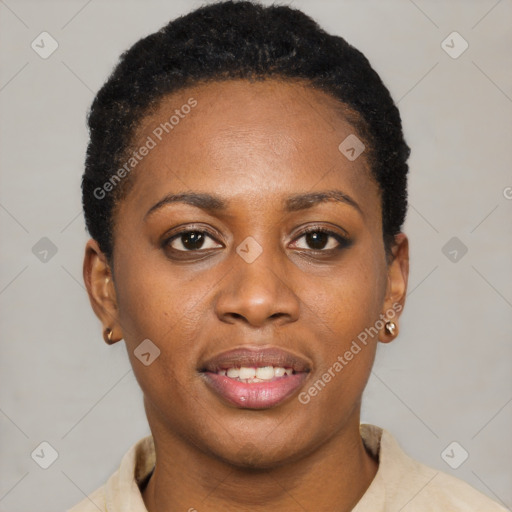 Joyful latino young-adult female with short  black hair and brown eyes